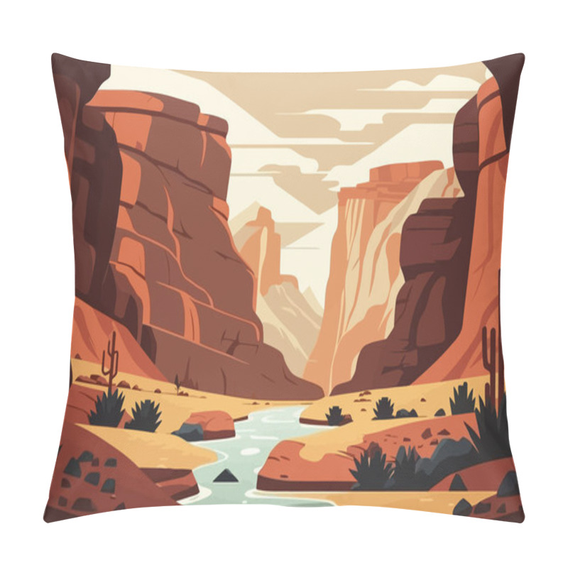 Personality  Canyon With A River Running Through It. Desert Landscape With Cactus And River. Vector Cartoon Illustration Pillow Covers