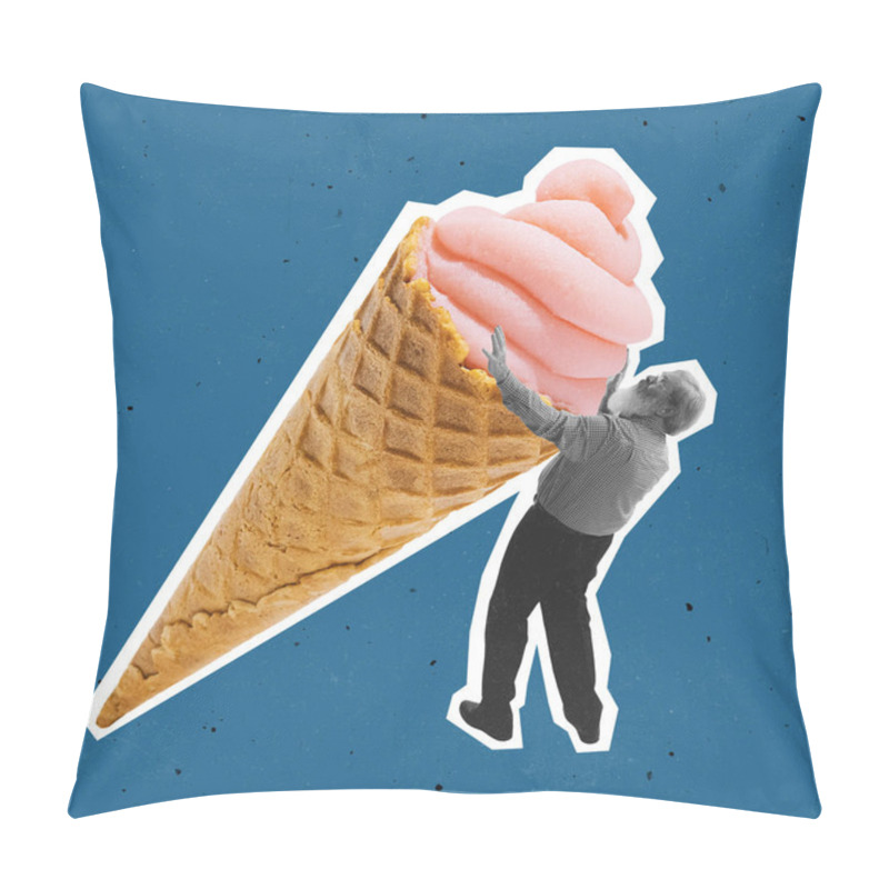 Personality  Contemporary Art Collage Of Senior Man Holding Big Delicious Pink Ice Cream In A Waffle Cone Isolated Over Blue Background Pillow Covers