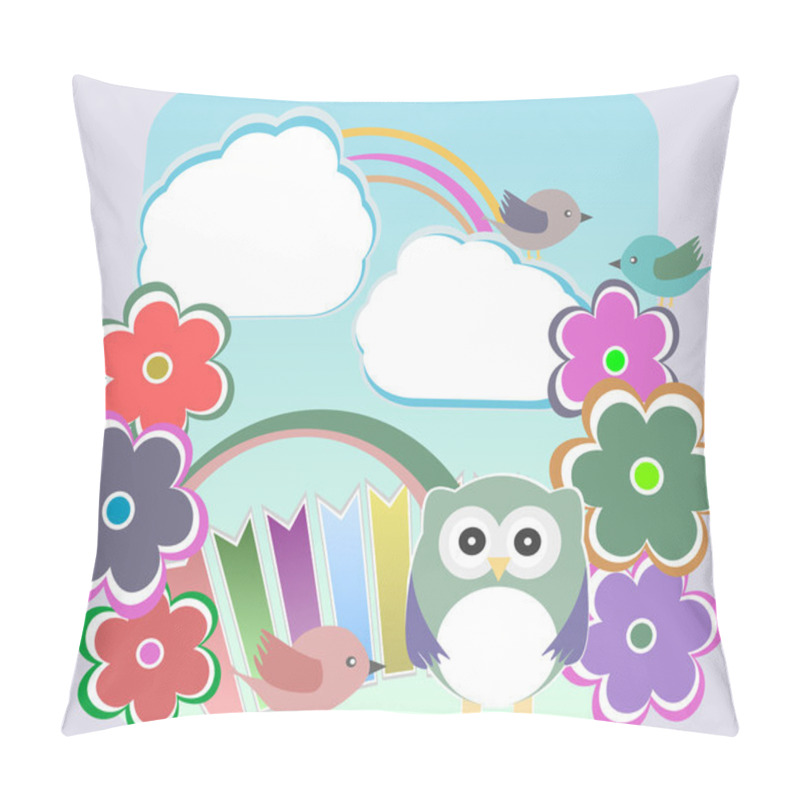 Personality  Background With Owl, Flowers Birds And Clouds Pillow Covers