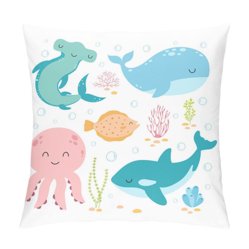 Personality  Vector Illustration With Sea Life Elements, Cartoon Set Of Marine Life Objects For Your Design, Flat Poster With Funny Hammerhead, Jellyfish, Whale, Orca And Seaweed Pillow Covers