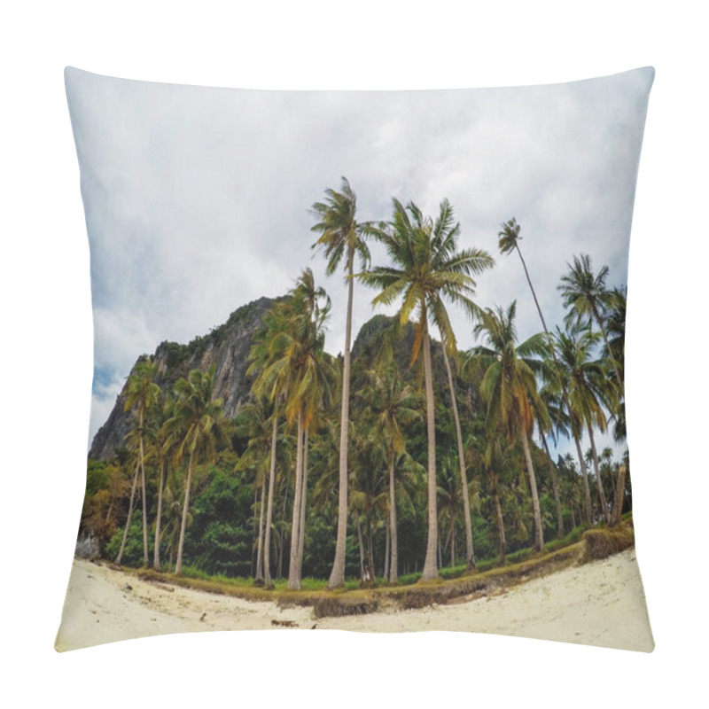 Personality  Empty Sand Beach And Palm Trees Of Abandoned Tropical Island. Tropics Fisheye Photo Landscape. Fish Eye View On White Sand Beach And Palm Trees. Cloudy Day On Tropical Beach. Exotic Island Vacation Pillow Covers