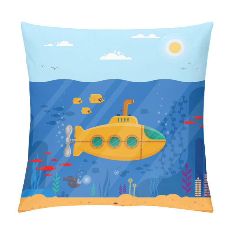 Personality  Yellow Submarine With Periscope Underwater Concept. Marine Life With Fish, Coral, Seaweed, Colorful Blue Ocean Landscape. Bathyscaphe Template For Banner, Poster Or Flyer Cover - Flat Vector Pillow Covers