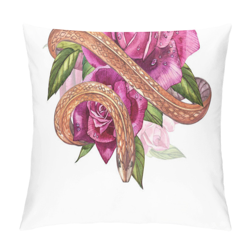 Personality  Snake With Beautiful Garden Roses. Compositions Of Red And Pink Roses, Watercolor Illustration. Printing Use T-shirt. Pillow Covers