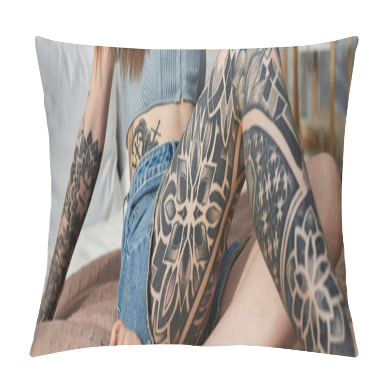 Personality  A Young Woman With Intricate Tattoos On Her Arm And Leg Relaxes On A Bed In A Modern Apartment. Pillow Covers