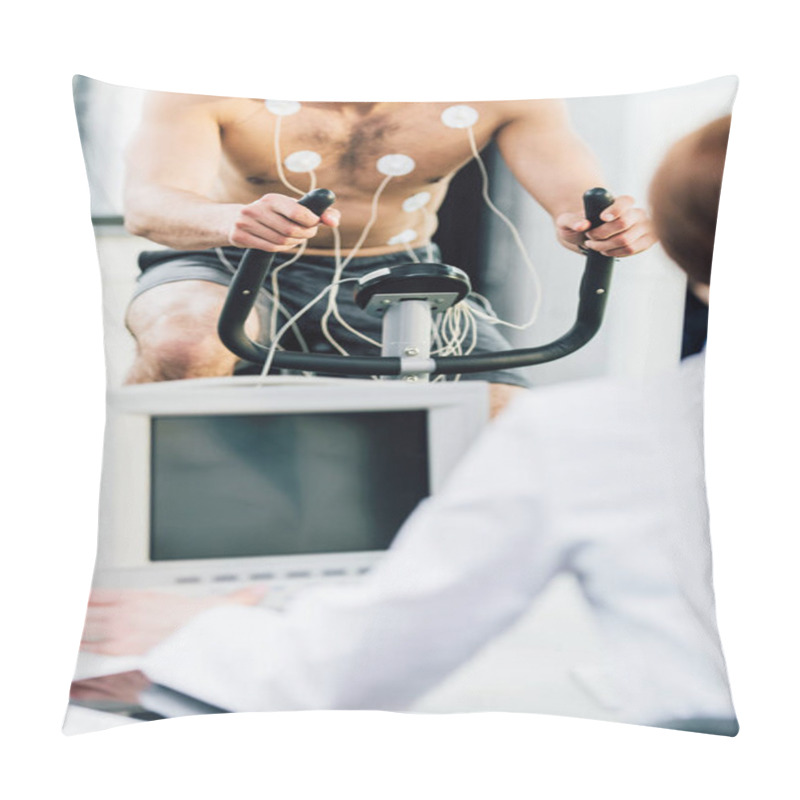 Personality  Cropped View Of Doctor Conducting Endurance Test With Sportsman With Electrodes In Gym Pillow Covers