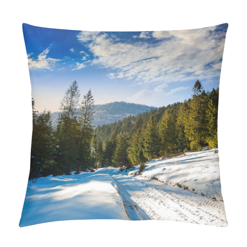 Personality  Snowy Road To Coniferous Forest In Mountains Pillow Covers