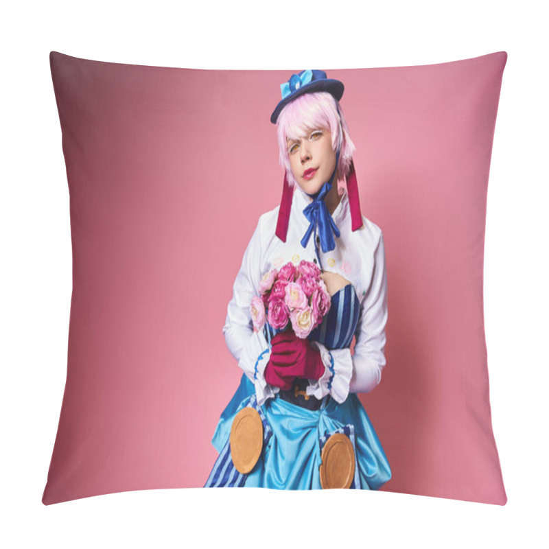 Personality  Beautiful Cute Female Cosplayer In Vibrant Costume Holding Pink Flowers And Looking At Camera Pillow Covers