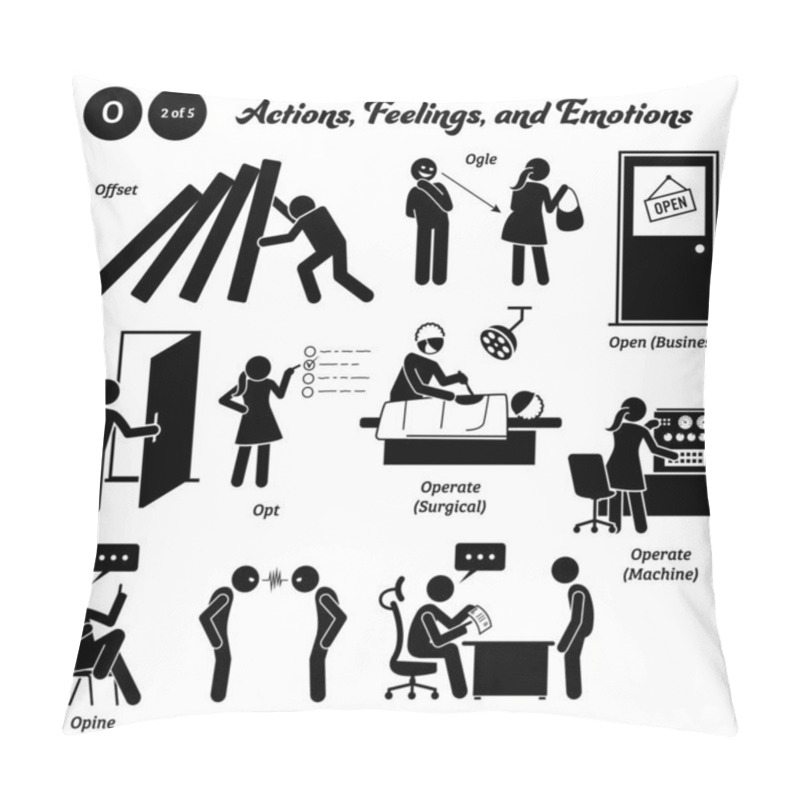 Personality  Stick Figure Human People Man Action, Feelings, And Emotions Icons Alphabet O. Offset, Ogle, Open, Business, Door, Opt, Operate, Surgical, Machine, Opine, Oppose, And Oppugn. Pillow Covers