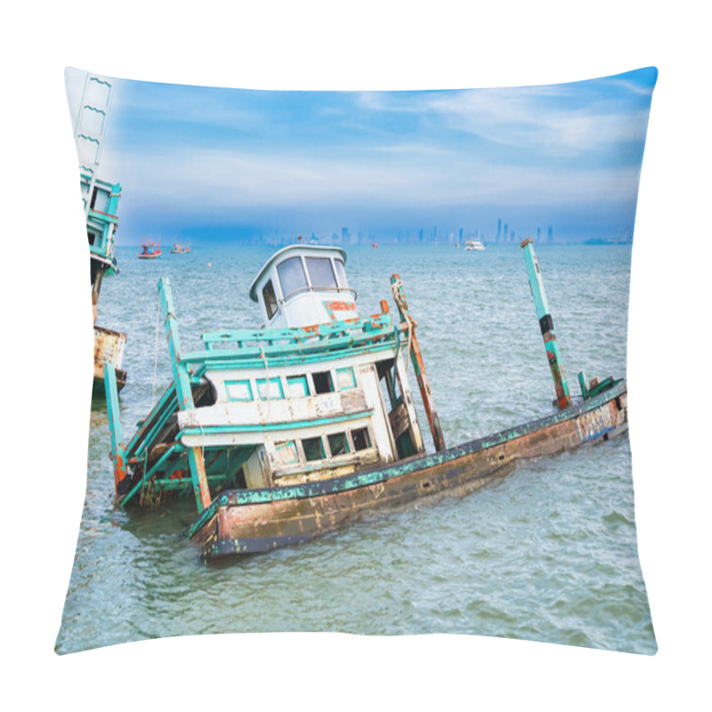 Personality  Chonburi, Thailand - November, 18, 2024 : Wooden Fishing Vessel Wreckage Partially Submerged In Water With Skyline In The Distance At Chonburi, Thailand. Pillow Covers