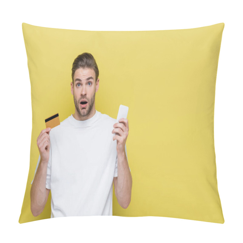 Personality  Amazed Man In White T-shirt Holding Credit Card And Smartphone On Yellow Pillow Covers