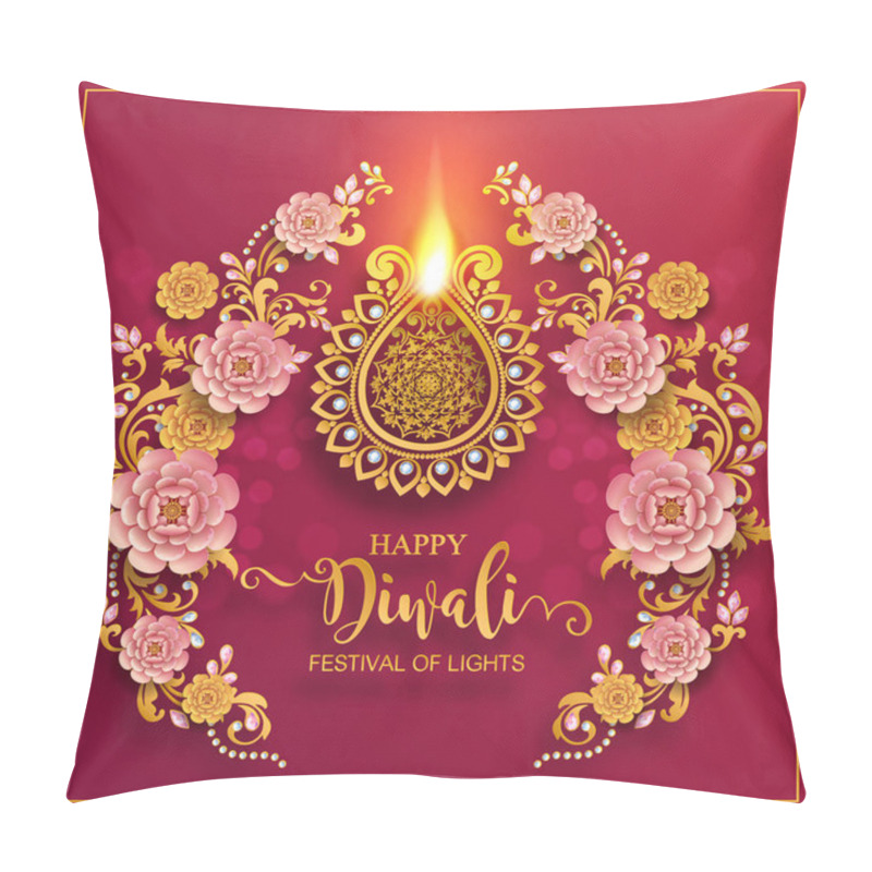 Personality  Happy Diwali Festival Card With Gold Diya Patterned And Crystals On Paper Color Background. Pillow Covers