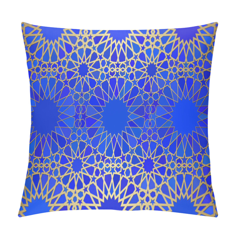 Personality  Abstract Background With Islamic Ornament, Arabic Geometric Texture. Golden Lined Tiled Motif Over Colored Background With Stained Glass Style. Pillow Covers