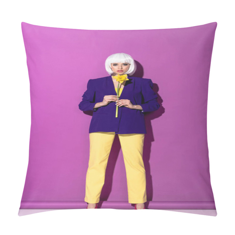 Personality  Serious Girl In Blue Jacket Holding Yellow Flower On Purple Background Pillow Covers