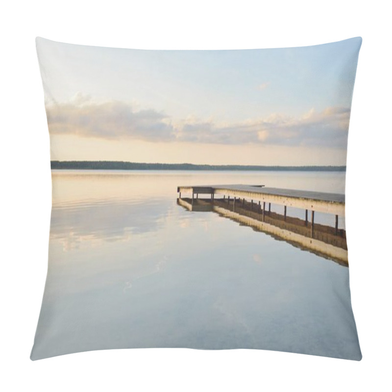 Personality  Forest Lake (river) At Sunset. Wooden Pier. Glowing Clouds, Symmetry Reflections In A Still Crystal Clear Water. Idyllic Landscape. Nature, Ecology, Ecological Reserve, Ecotourism, Hiking, Vacations Pillow Covers