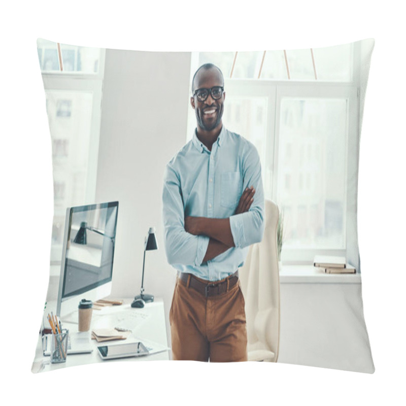 Personality  Happy Young African Man In Shirt Looking At Camera And Smiling While Working In The Office            Pillow Covers