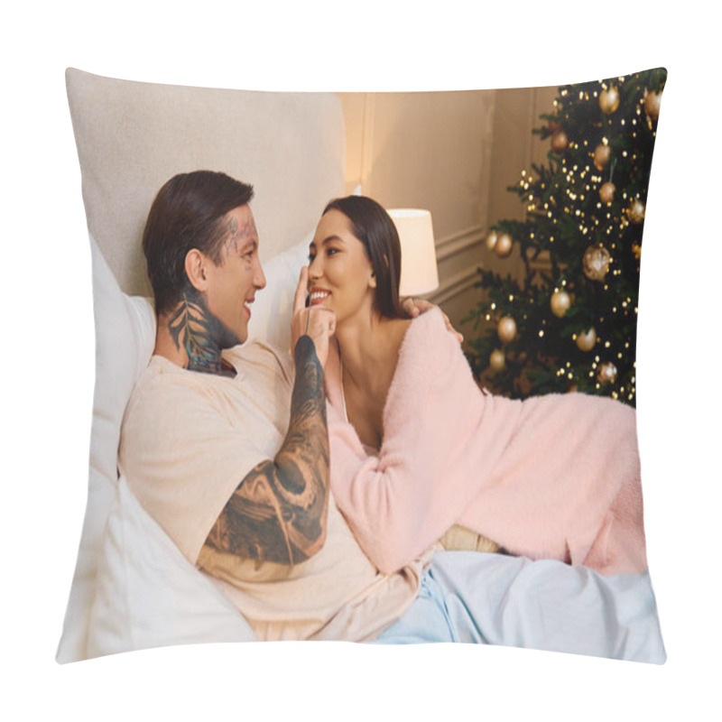 Personality  A Loving Couple Enjoys A Tender Moment Together By A Beautifully Decorated Christmas Tree. Pillow Covers