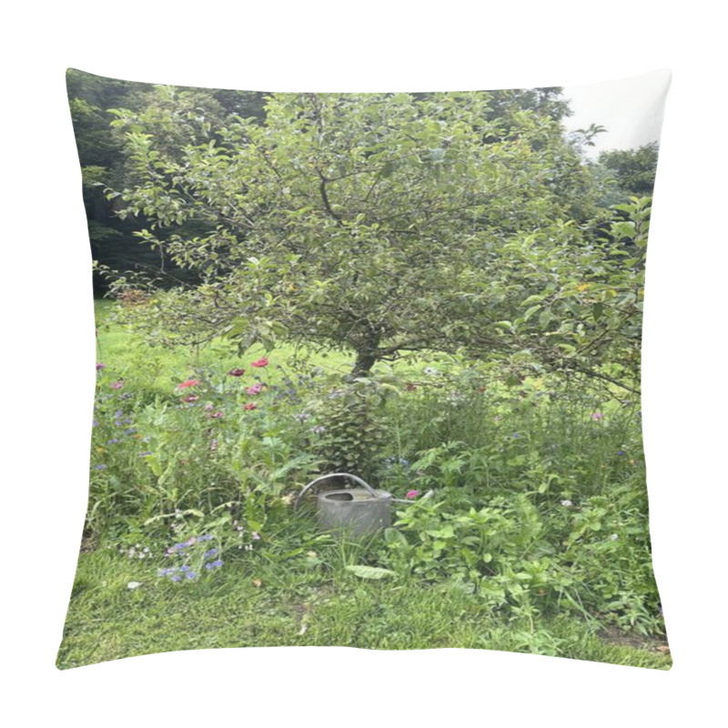 Personality  A Flower Bed With Poppies And A Watering Can Under The Apple Tree. A Low-maintenance Garden Featuring Wildflowers And A Vintage Watering Can. Jardin Du Rossignol. France Pillow Covers