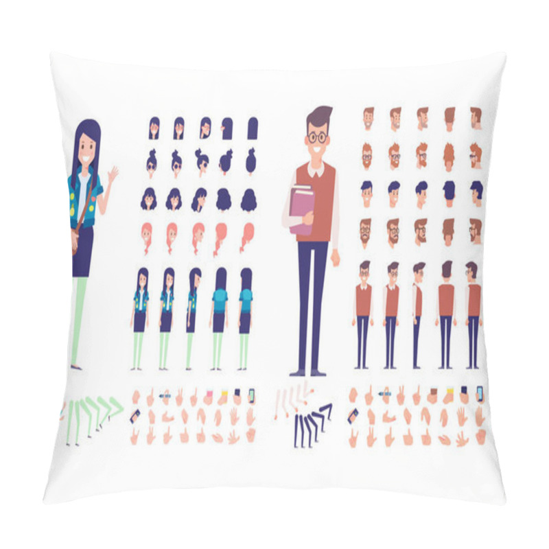 Personality  Front, Side, Back, 3/4 View Animated Characters. Boy And Girl Students Characters Creation Set With Various Views, Hairstyles, Poses And Gestures.Cartoon Style, Flat Vector Illustration. Pillow Covers