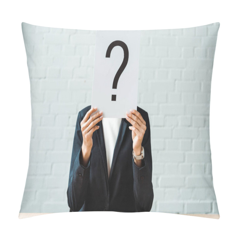 Personality  Cropped View Of Woman Covering Face While Holding Placard With Question Mark Near Brick Wall  Pillow Covers