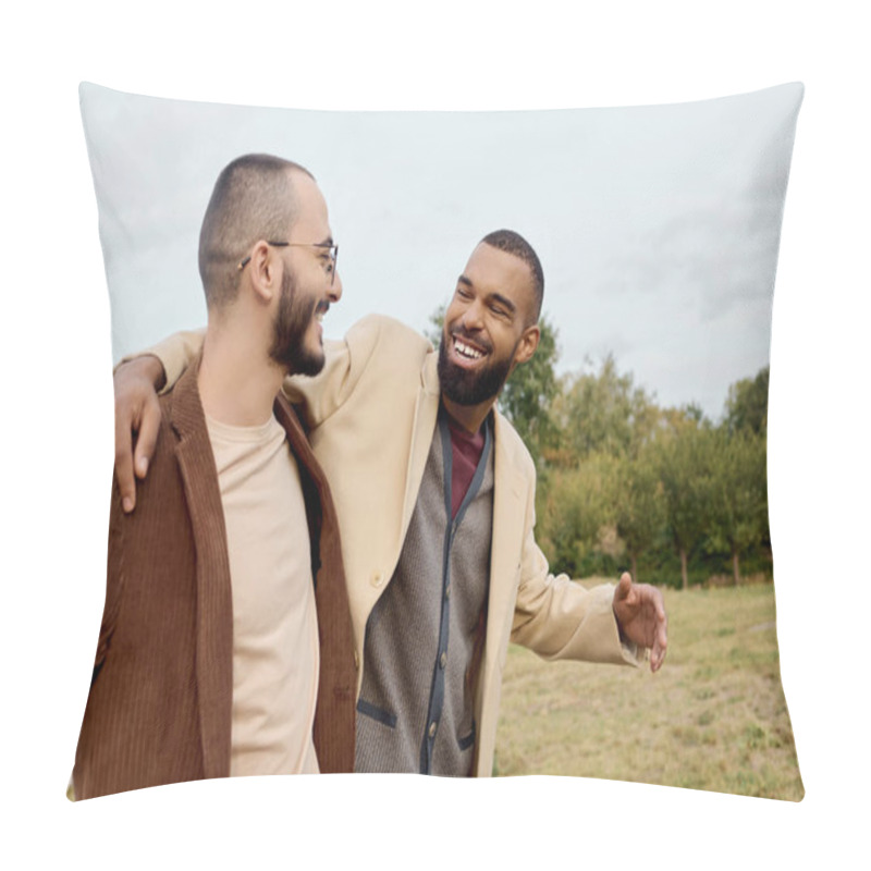 Personality  Two Fashionable Men Share A Joyful Moment In A Beautiful Field, Showcasing Autumn Style And Friendship. Pillow Covers