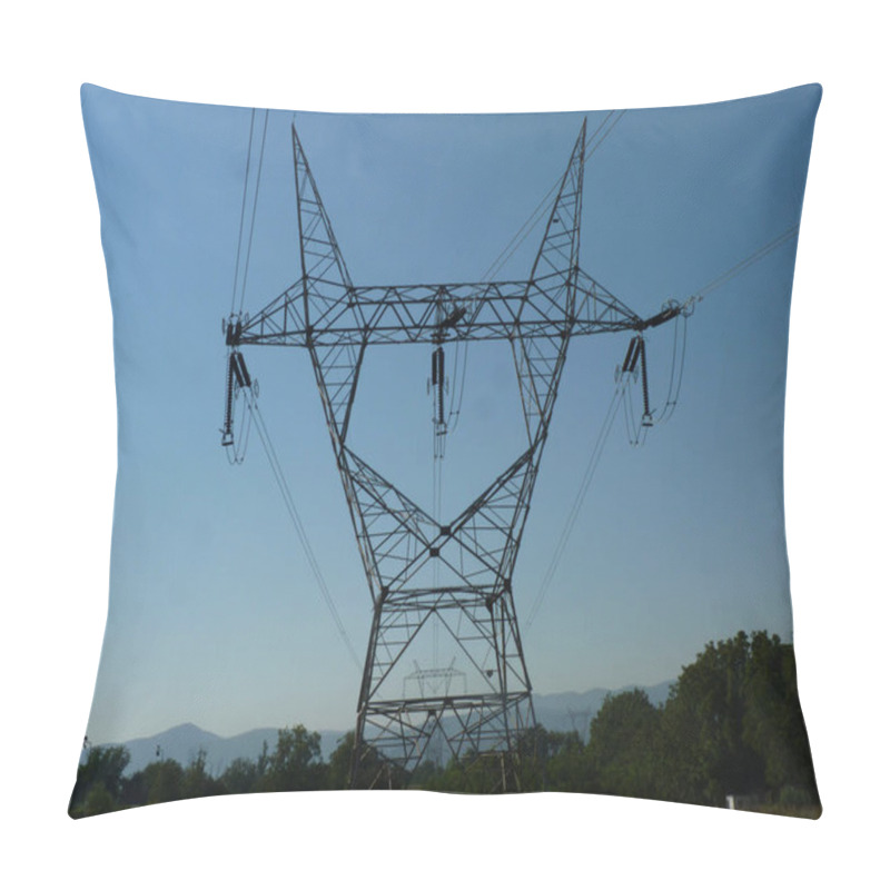 Personality  Electric Pylon Rising Against A Clear Blue Sky: A Symbol Of Industry Interwoven With Nature's Serenity Pillow Covers