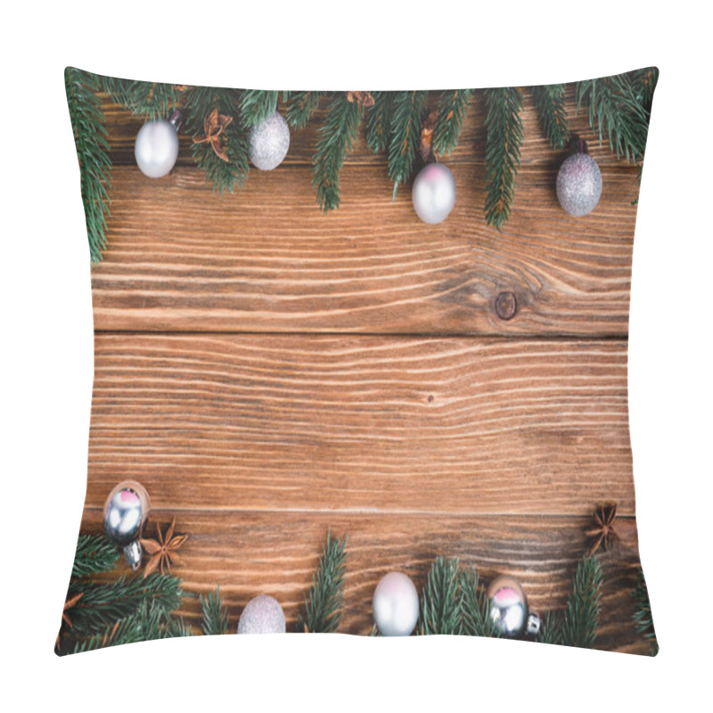 Personality  Flat Lay With Pine Branches, Christmas Balls And Anise Stars On Brown Wooden Background Pillow Covers