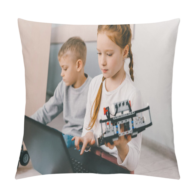 Personality  Teen Schoolgirl Programming Robot While Sitting On Floor With Kid Pillow Covers