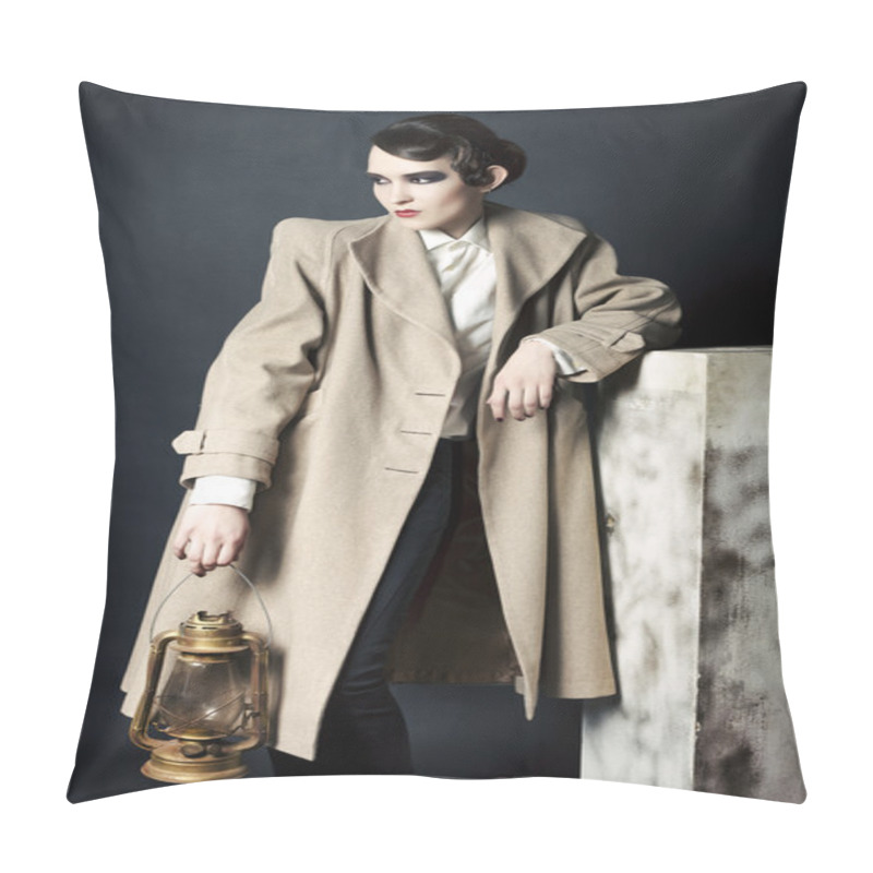 Personality  Retro Style Portrait Of The Young Woman In A Light Coat Against A Dark Background Pillow Covers