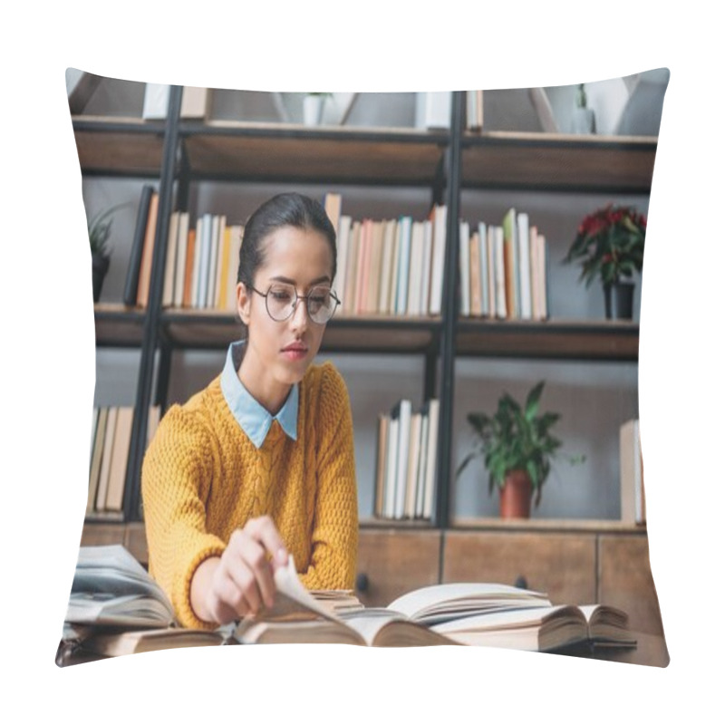 Personality  Young Student Girl Preparing For Exam At Library And Reading Book Pillow Covers