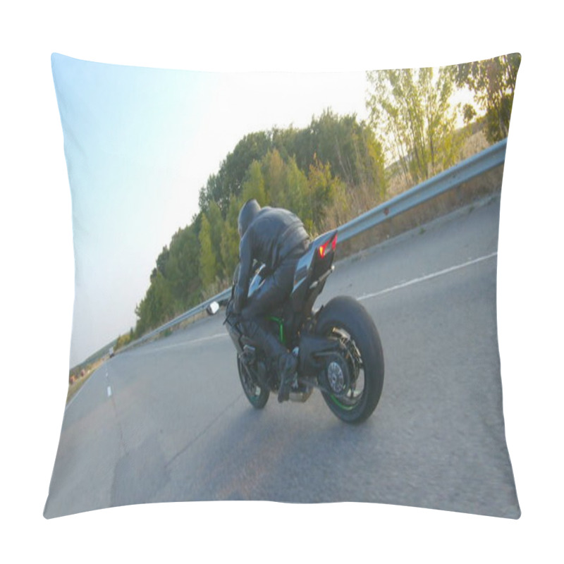 Personality  Camera Moving Around Of Biker Riding On Modern Sport Motorbike At Highway. Motorcyclist Racing His Motorcycle On Country Road At Sunset. Man Driving Bike During Trip. Concept Of Freedom And Adventure. Pillow Covers