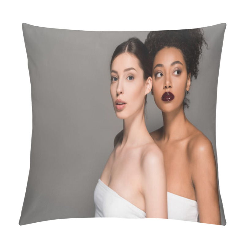 Personality  Portrait Of Attractive Multicultural Girls With Perfect Skin, Isolated On Grey Pillow Covers