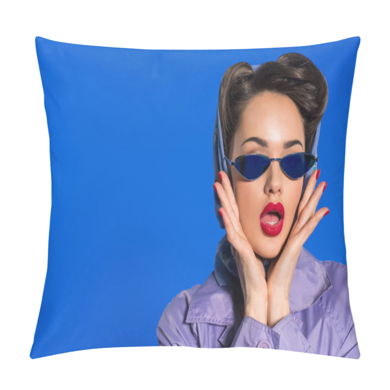 Personality  Portrait Of Stylish Woman In Retro Clothing And Sunglasses Isolated On Blue Pillow Covers