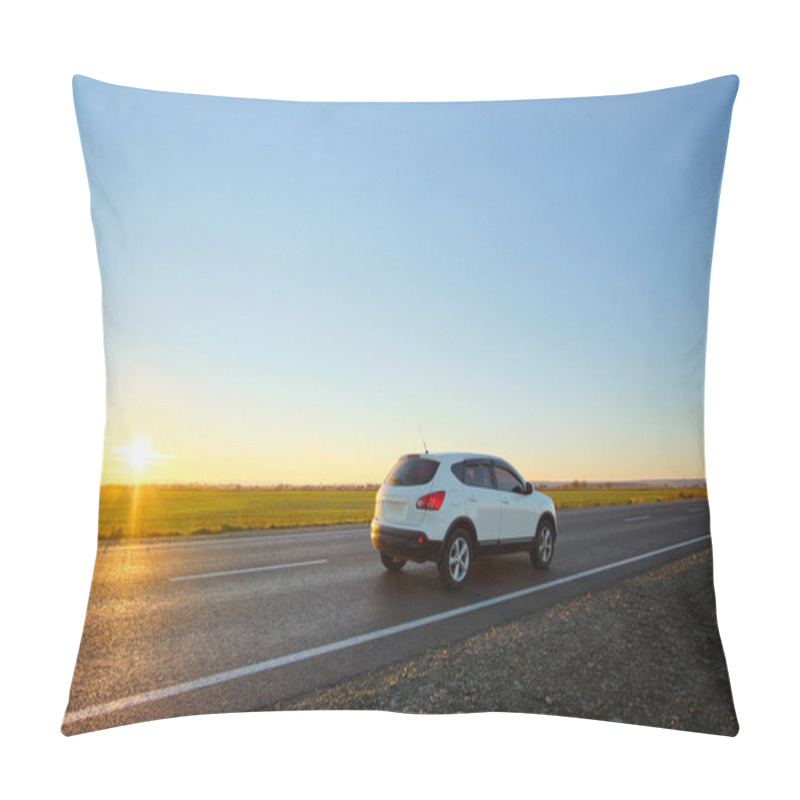 Personality  SUV Car Driving Fast On Intercity Road At Sunset. Highway Traffic In Evening Pillow Covers