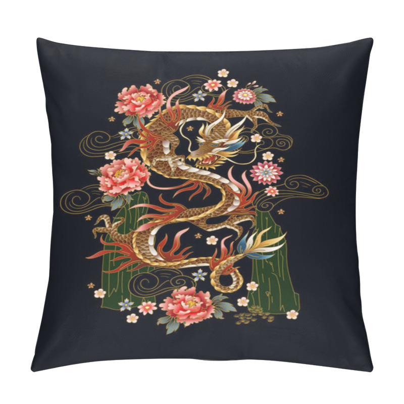 Personality  Chinese Traditional Dragon, Peonies And Sakura. Vector. Pillow Covers