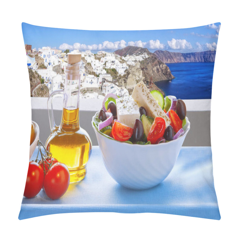 Personality  Greek Salad Against Famous Oia Village, Santorini Island In Greece Pillow Covers