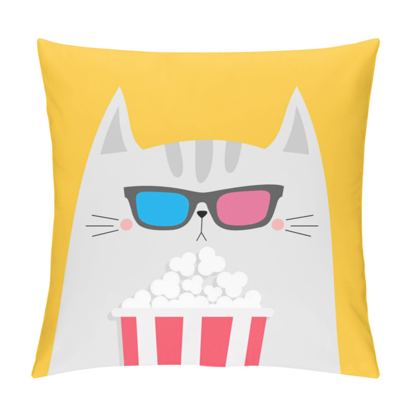 Personality  White Cat And Popcorn. Cinema Theater. Cute Cartoon Funny Character. Film Show. Kitten Watching Movie In 3D Glasses. Kids Print For Tshirt Notebook Cover. Yellow Background Isolated Flat Design Vector Pillow Covers