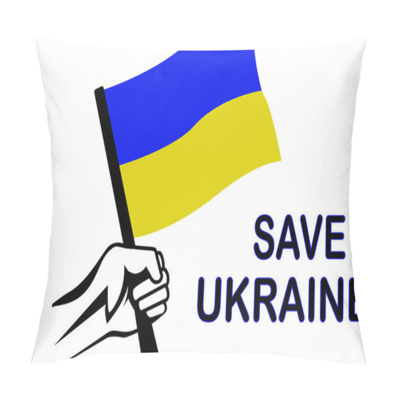 Personality  Illustration Of Person Holding National Flag Near Save Ukraine Lettering Isolated On White Pillow Covers