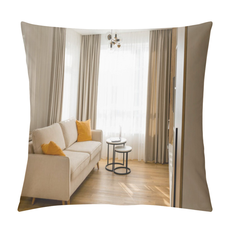 Personality  Modern Interior With Design Comfortable Sofa, Furniture, Coffee Tables, Pillows In Stylish Home Decor. Neutral Living Room. Pillow Covers