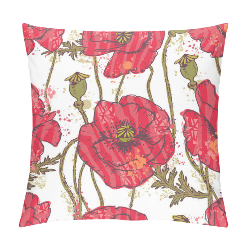 Personality  Hand Drawn Red Poppy Flowers Seamless Pattern Pillow Covers