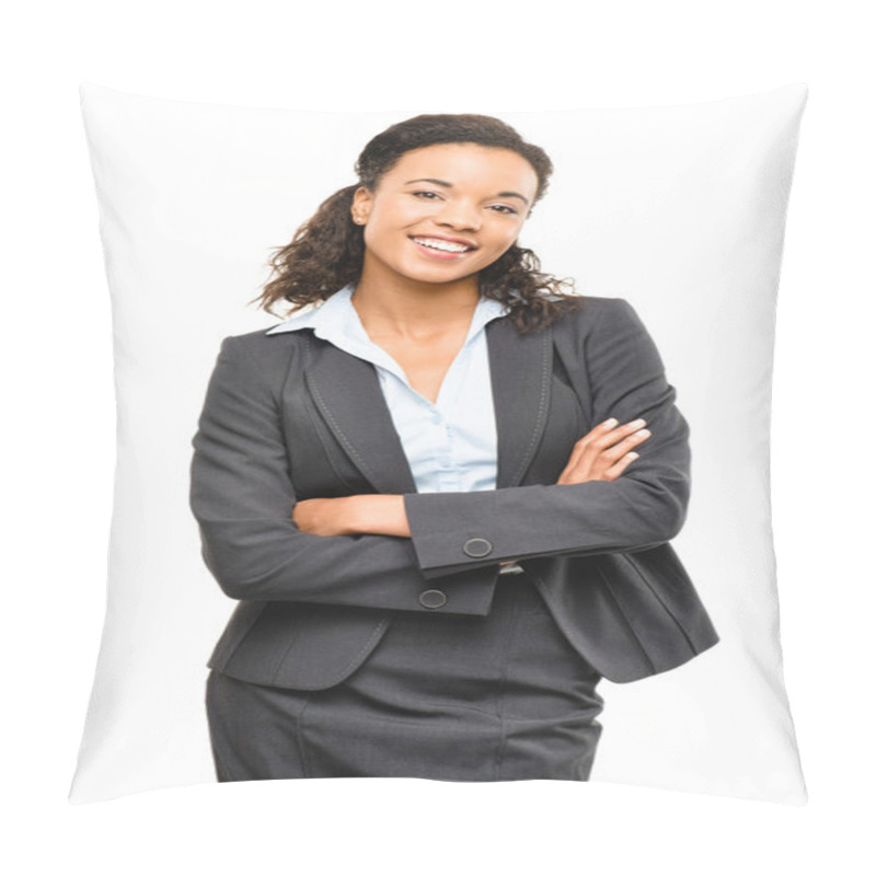 Personality  Young Mixed Race Businesswoman With Arms Folded Smiling Isolated Pillow Covers