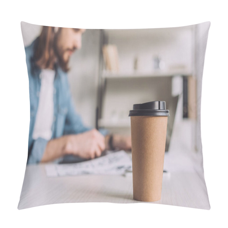 Personality  Selective Focus Of Paper Cup Near Animator  Pillow Covers