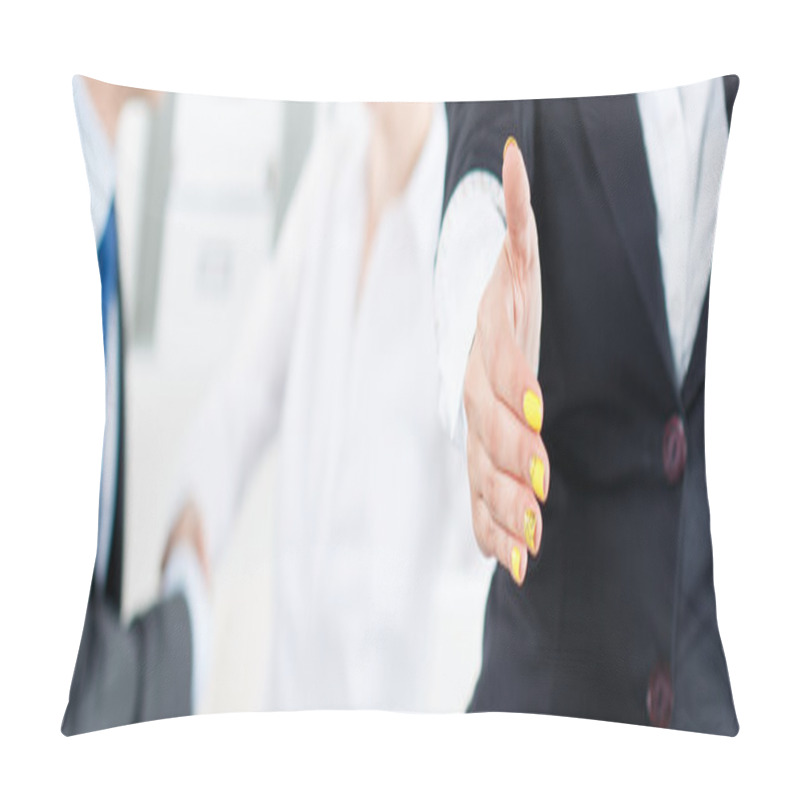 Personality  Beautiful Smiling Business Woman In Suit Offering Hand To Shake Pillow Covers