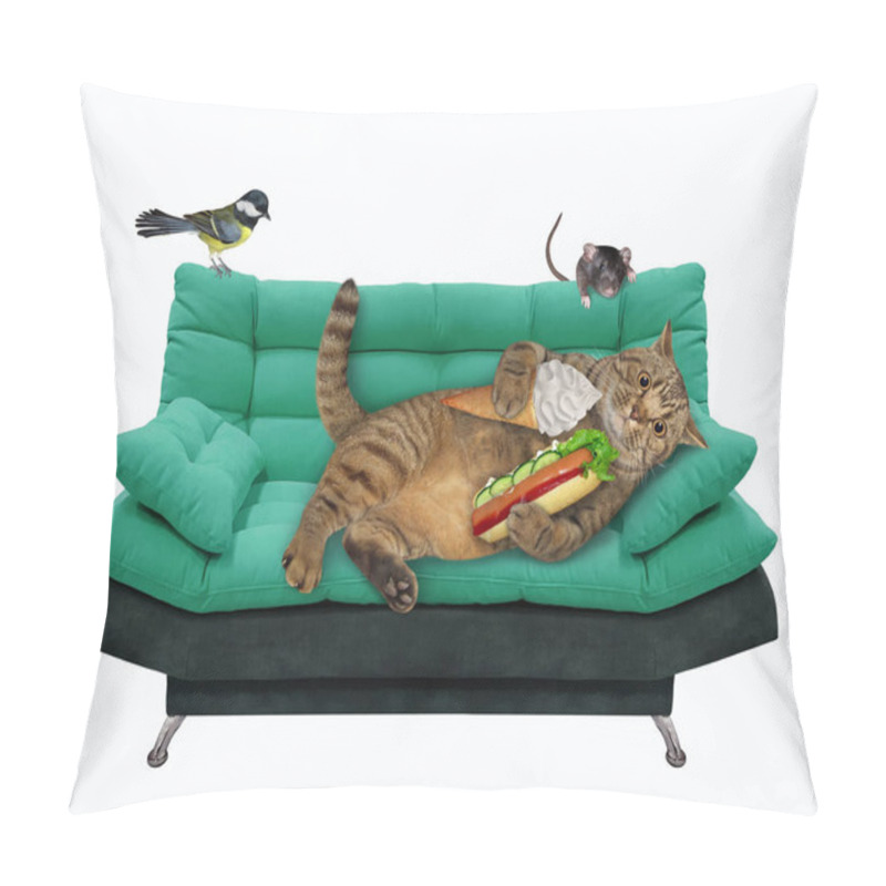 Personality  A Beige Lazy Cat Is Lying On A Green Divan And Eating A Hot Dog And A An Ice Cream Cone. White Background. Isolated. Pillow Covers