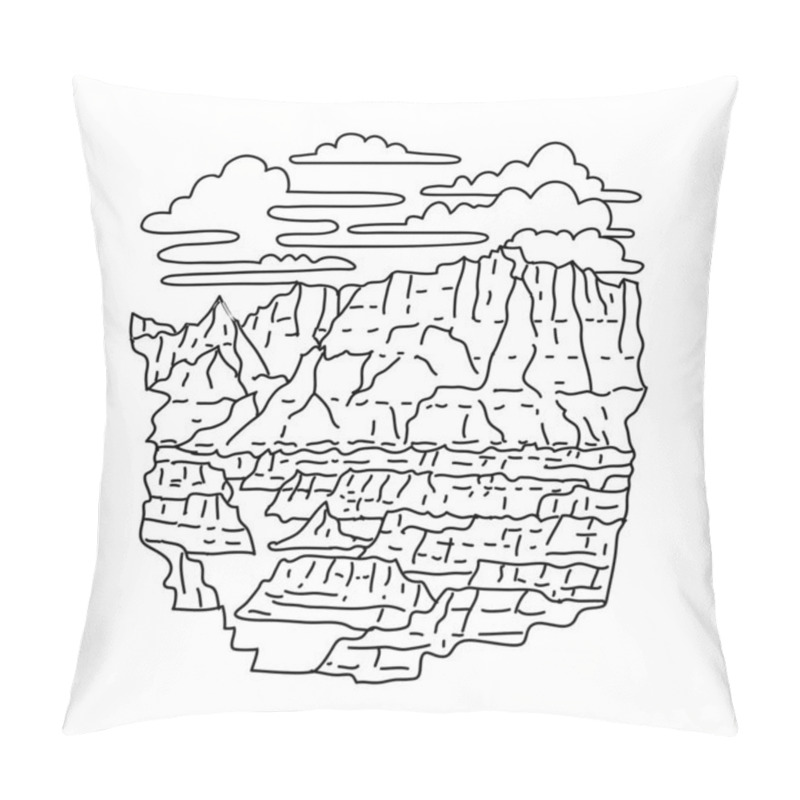 Personality  Mono Line Illustration Of The Door Trail In Badlands National Park, South Dakota, United States Done In Black And White Monoline Line Drawing Art Style Pillow Covers