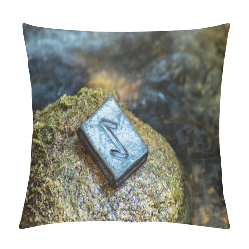 Personality  Norse Rune Eihwaz On The Stone And The Evening River Background. Abruptness, Changes, News. Pillow Covers