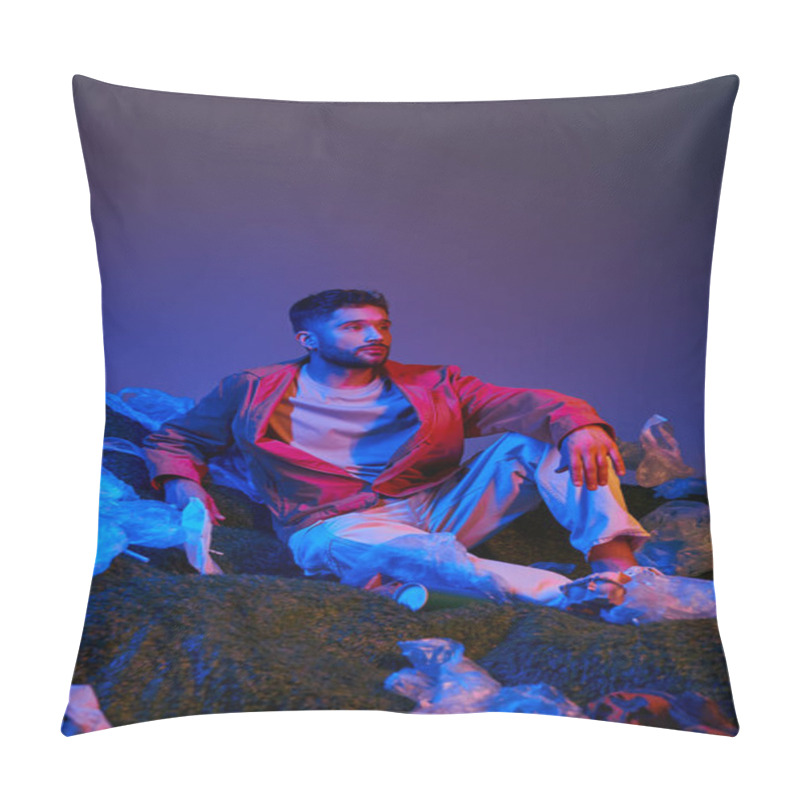 Personality  A Man Sits Amidst A Sea Of Plastic, Illuminated By Blue And Red Lights. Pillow Covers