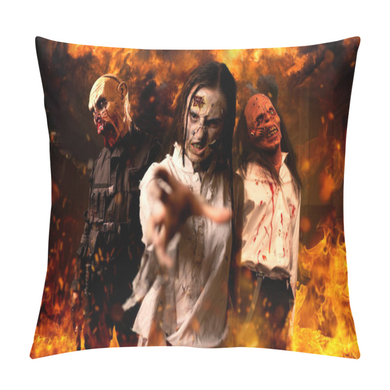 Personality  Zombies With Bloody Skinned Faces, Nightmare, Explosions And Fire On Background. Horror In City, Creepy Crawlies Attack, Apocalypse Pillow Covers