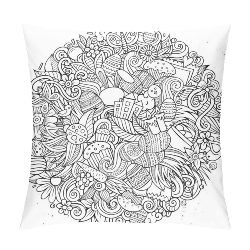 Personality  Happy Easter Hand Drawn Vector Doodles Illustration. Holiday Elements And Objects Cartoon Background. Line Art Funny Picture. All Items Are Separated Pillow Covers