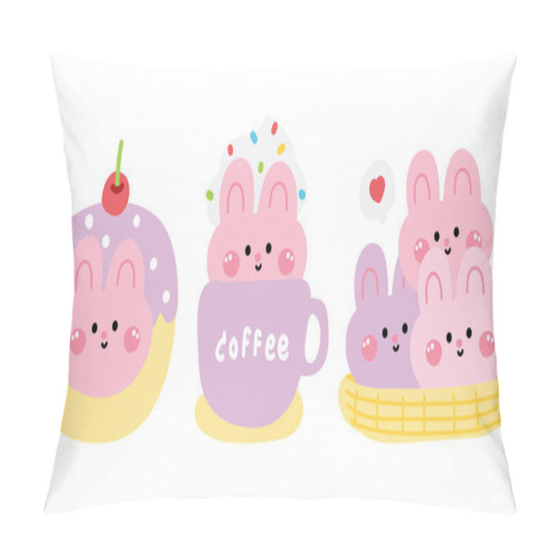 Personality  Set Of Cute Rabbit In Various Menu Bakery.Pastel.Face Bunny.Donut Cherry,coffee,cookies.Rodent Animal Character Cartoon Design.Kawaii.Vector.Illustration Pillow Covers