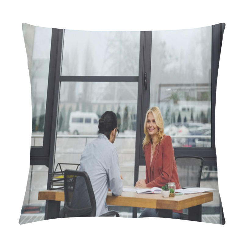 Personality  A Woman Engages In Conversation With A Man During Job Interview. Pillow Covers